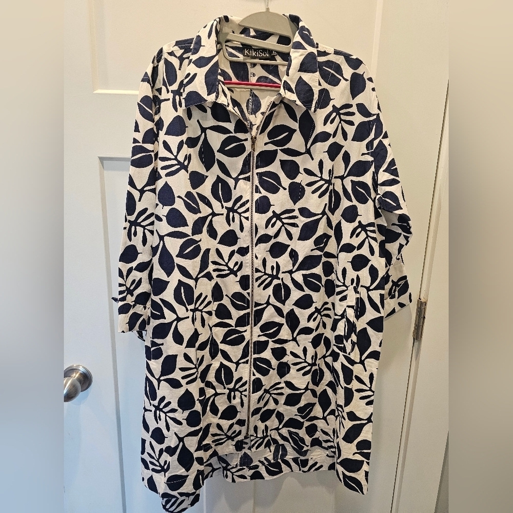 KikiSol Navy Leaf Print Cotton Zip Front Tunic Jacket Size XL Lightweight Boho R - Picture 1 of 12